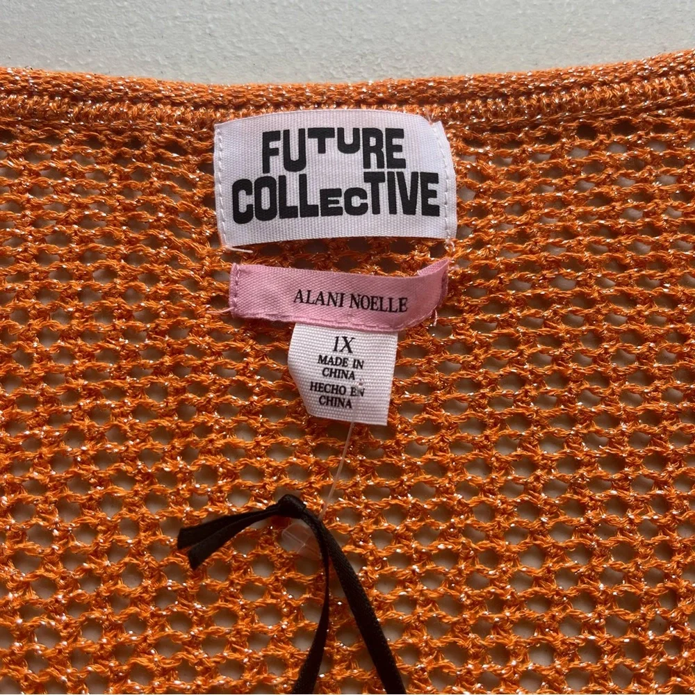 ALANI NOELLE FUTURE COLLecTIVE Women 1X Orange Metallic Crop Open Knit Cardigan - Picture 6 of 16